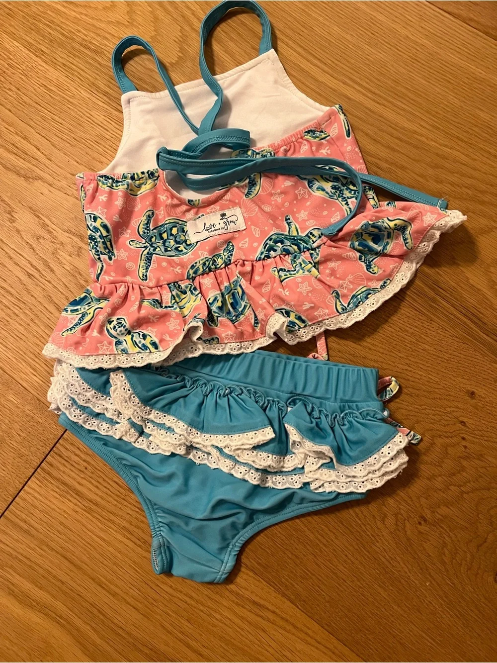 Kids Pink Turtle Print Swim Set with Blue Bottoms